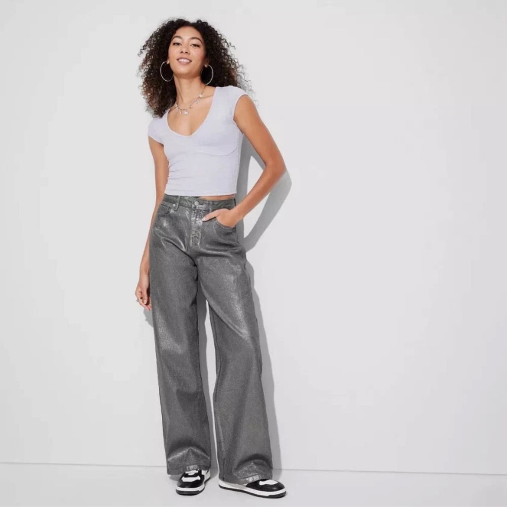 New 10 - Wild Fable High Rise Baggy Jeans Denim Wide Leg Silver Metallic Wash